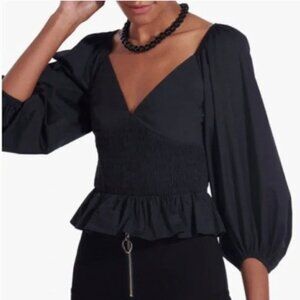 STAUD Matilde Smocked Peplum Top in Black - Size L (NWT)